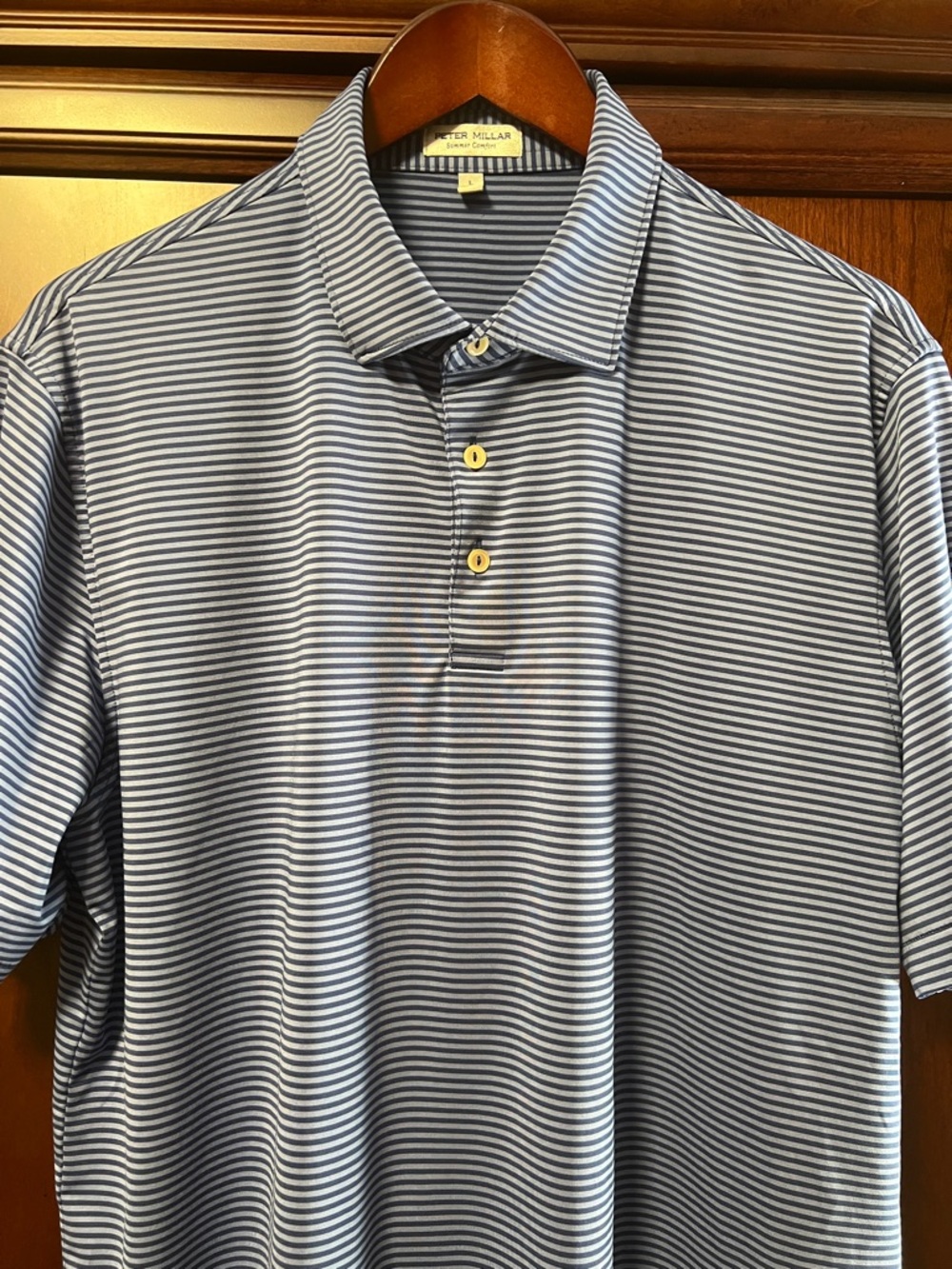 Like New Peter Millar Summer Comfort Stretch Blue &Gray Striped Performance Polo